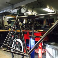 Titanium adventure bike with massive tire clearance. Built for Di2 Alfine.