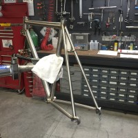 Custom Blend titanium road frame for QR and caliper brakes.