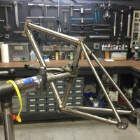 Custom Blend titanium gravel bike. Flat mount brake and internal brake routing.